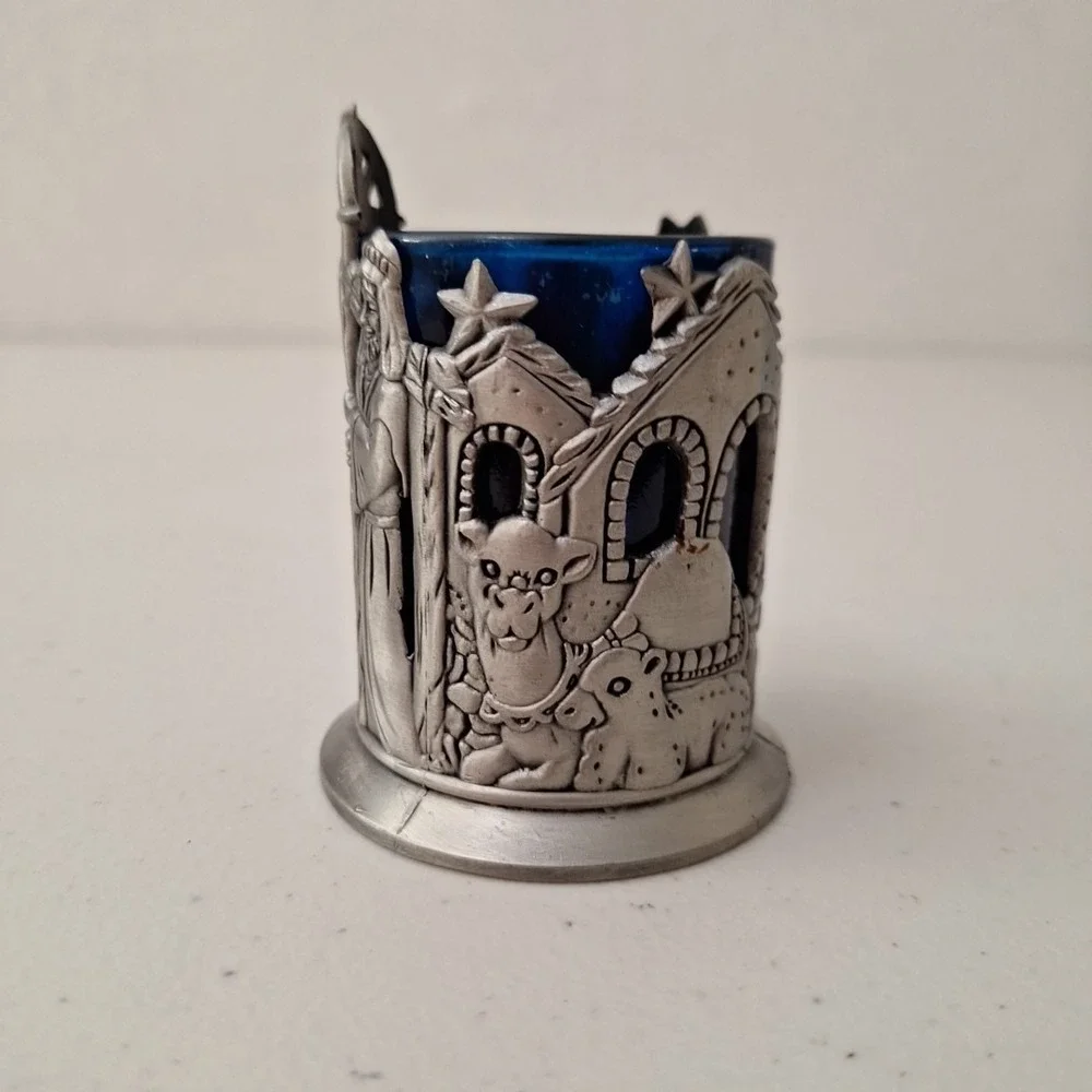 VTG Nativity Scene Pewter Blue Glass Notive Candle Holder MADE TAIWAN 3.5